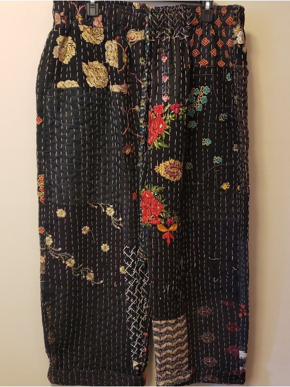 Embroidered & Embellished Black Kantha Stitch Floral Patchwork Pant From India